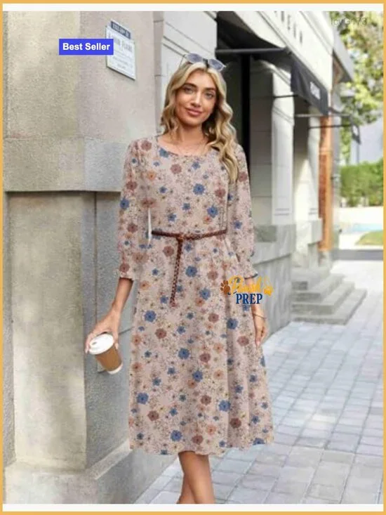 Floral Midi Dress with Pockets 3/4 Sleeve Casual Summer Dress - Picture 5 of 7